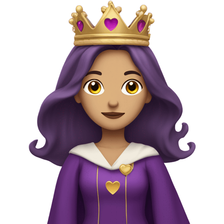 Caucasian long  brunette woman wearing formal royal purple robes and a crown. A burst of hearts are floating around her emoji