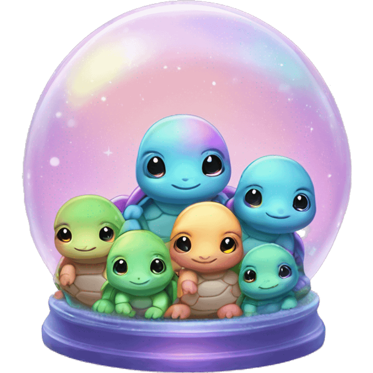 Kawaii rainbow pastel family of turtles in neon snow globe  emoji