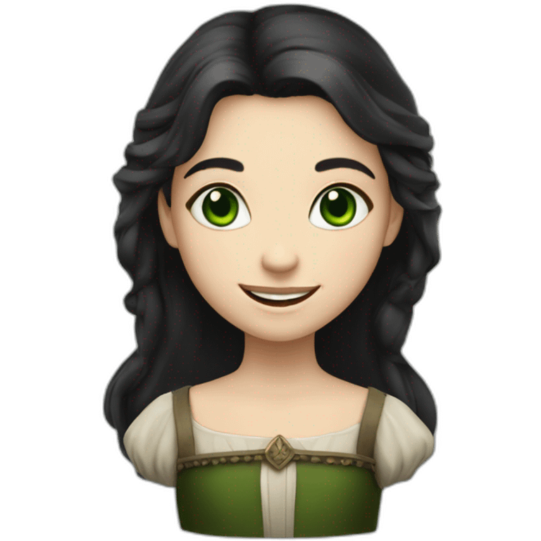 Medieval girl smiling, white skin, black hair, green eyes emoji