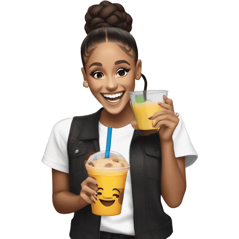 black skin ariana grande laughing while holding cookie and juice emoji