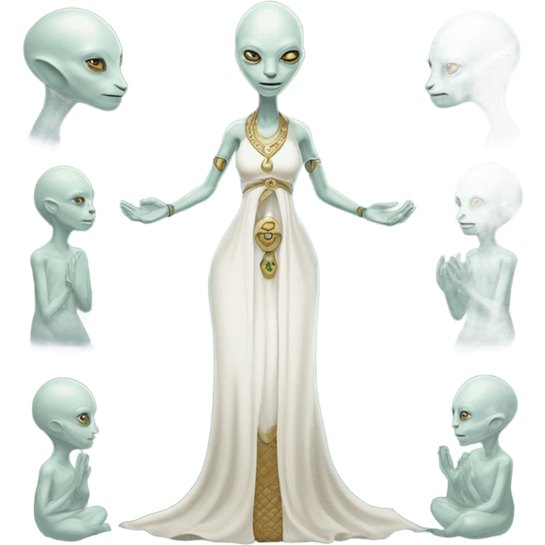 a Reptilian alien woman,in meditation, white dress like a priestess emoji