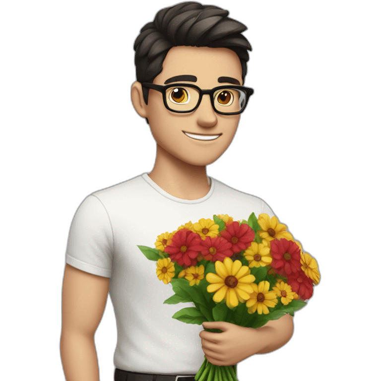 white skin guy with dark hair and glasses gives flowers emoji