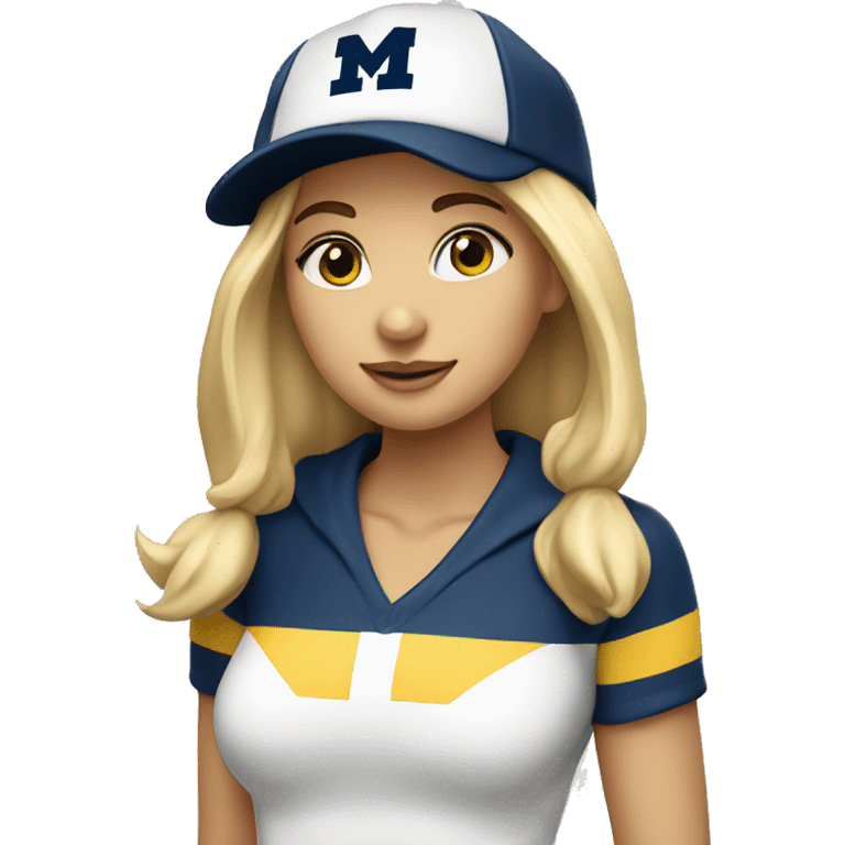 Blonde girl with blue eyes wearing University of Michigan hat emoji