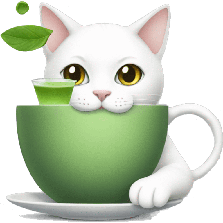 white cat drinking matcha out of a cup emoji