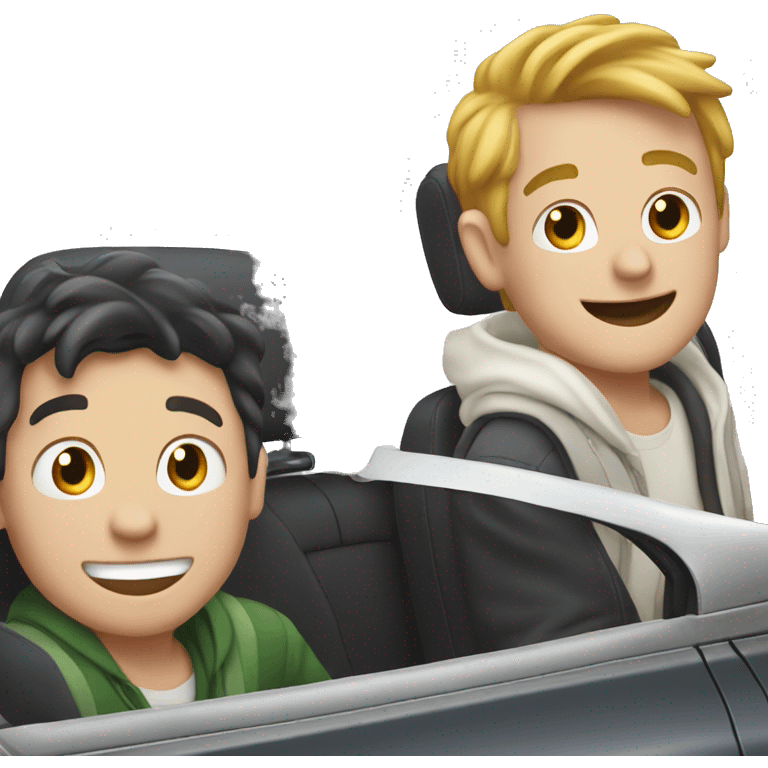 2 guys smiling in the backseat of a car looking out the back window, specifically a white car  emoji