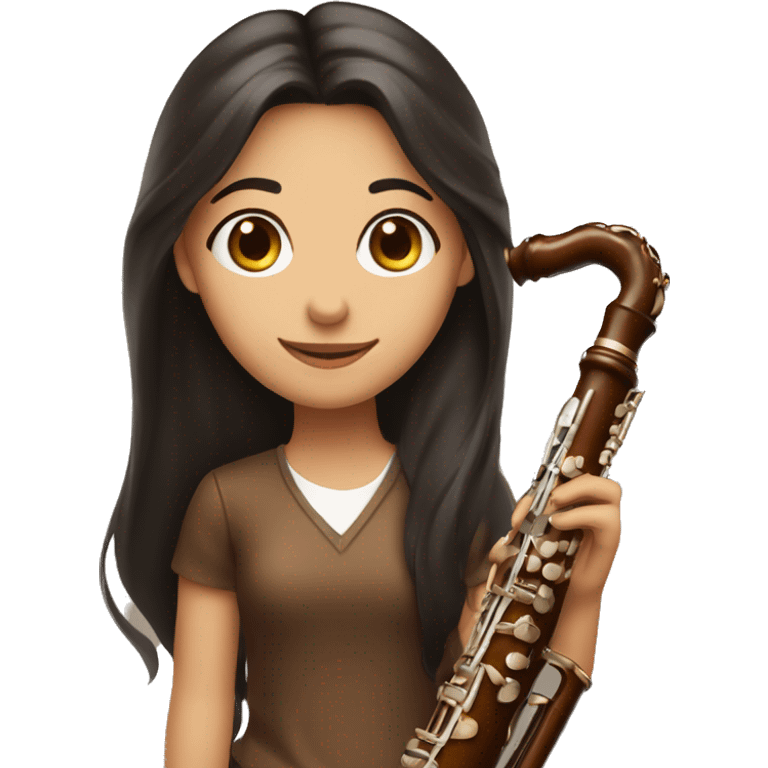 girl with long dark hair holding brown woodwind instrument bassoon emoji