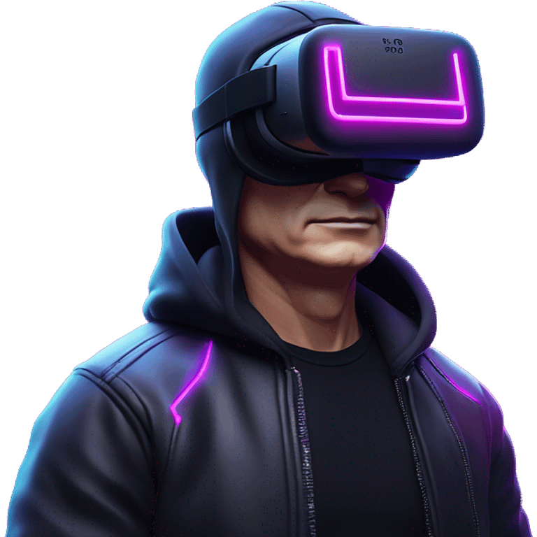 Vladimir Putin wearing a black hoodie with "OMG" letters on it and VR headset oculus quest 2 in a cyberpunk VR environment with violet neon lighting. emoji