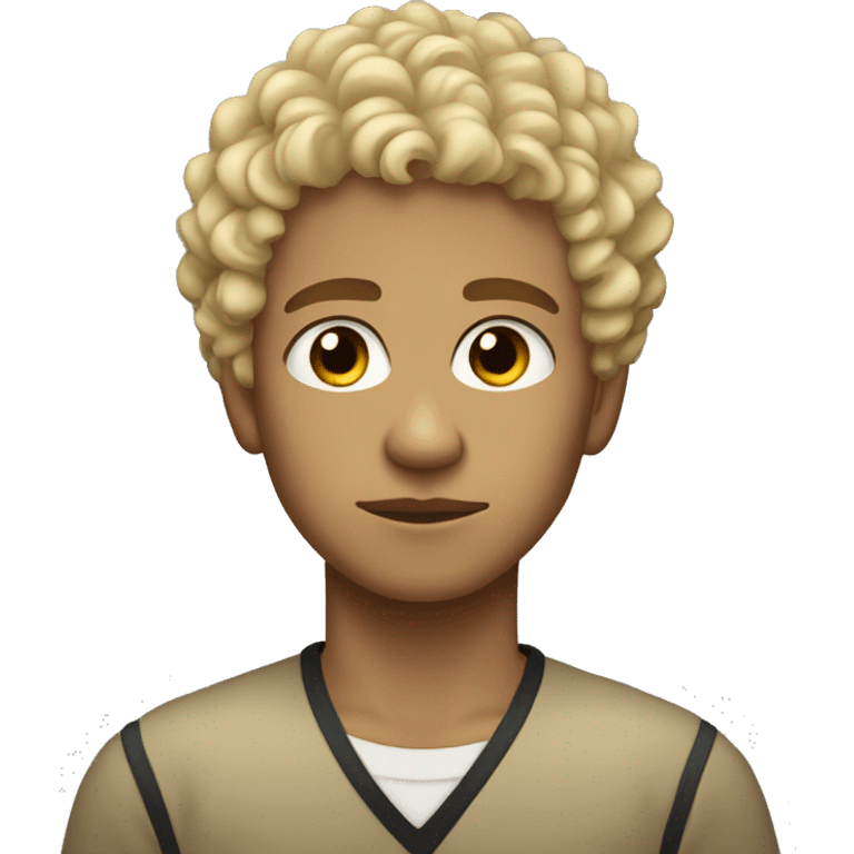 black eyes, very very curly blonde short hair, boy, tan skin, serious face emoji