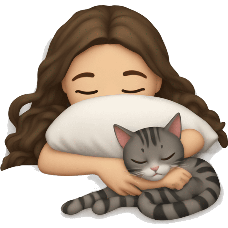 brunette girl sleeping with tabby cat  emoji