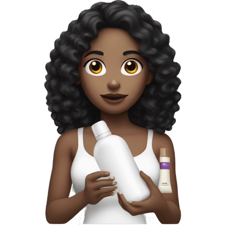 A white skinned  girl with black curly hair holding a lotion emoji