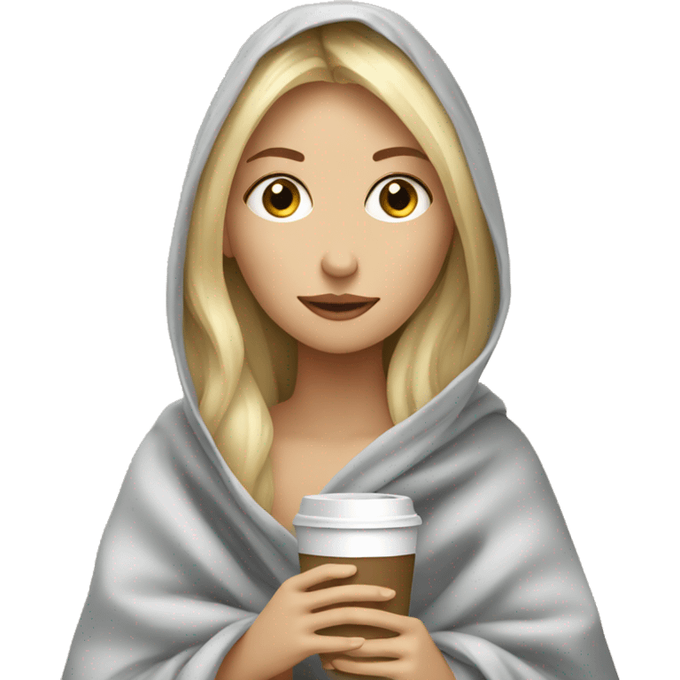 Blonde girl in blanket drinking coffee  emoji