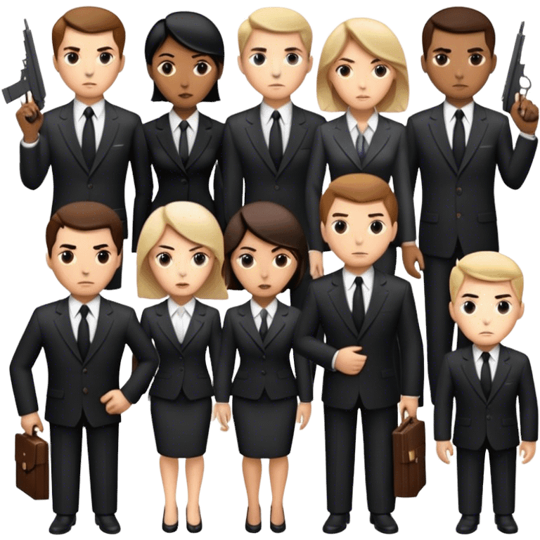 A group of secret intelligence agents in formal suits, with one being a woman and the rest being men. They appear serious, professional, and mysterious, working together as a team emoji