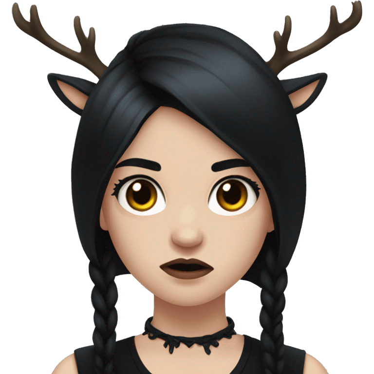 Portrait. Goth, deer girl. Wearing a black sleeveless dress with a choker. She has White antlers and deer ears. Long Black hair. She looks angry emoji