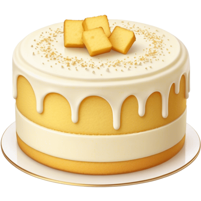 Cinematic Realistic Simple Vanilla Cake, a perfectly baked golden sponge with soft, airy layers, delicate vanilla frosting smoothly spread across the top, tiny flecks of vanilla bean visible, warm golden lighting creating depth, glowing with a sweet, irresistible charm. emoji