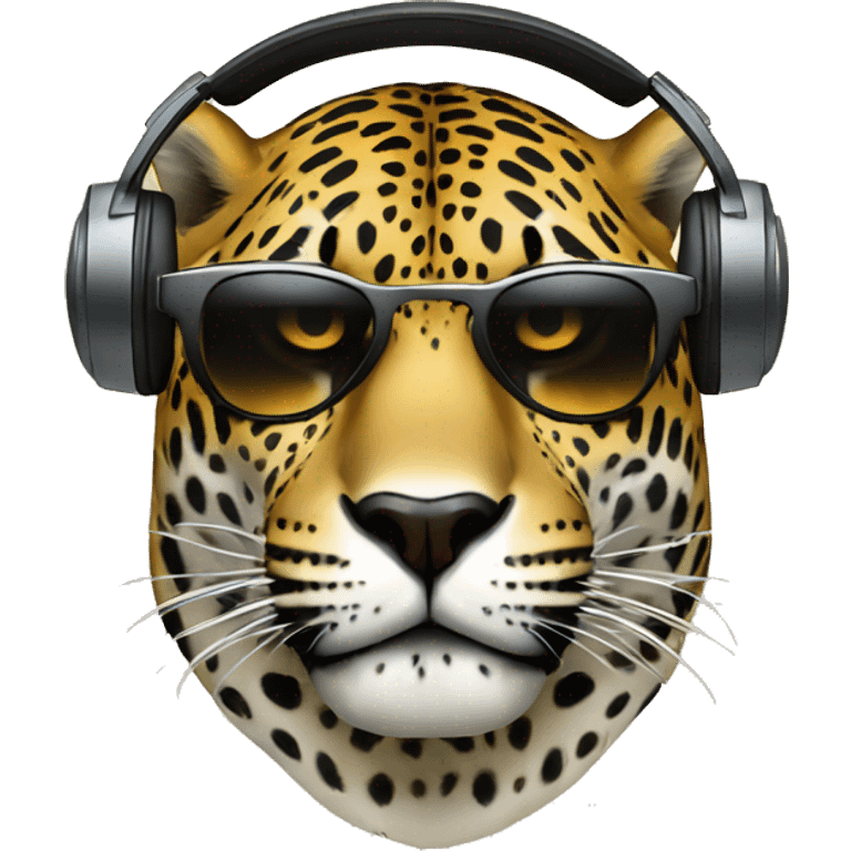 jaguar dj, emoji head, looking forward, wearing dark sunglasses, wearing over-ear headphones on top of head emoji