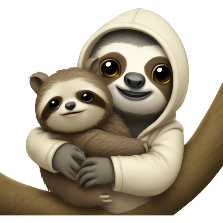 Sloth dressed in a hoodie in a tree holding a kitten emoji