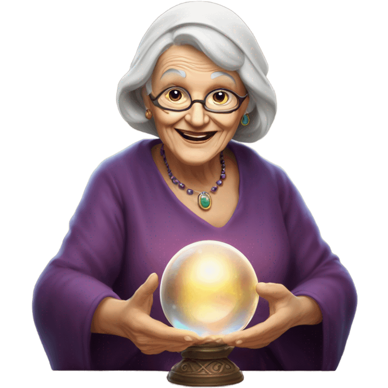 Wise Old Lady Fortune teller with crystal ball looking into the camera smiling emoji