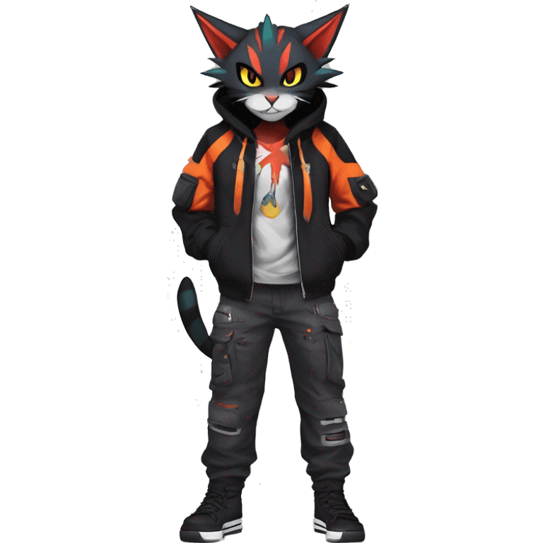 Cool Anthro Noivern-Litten-Feline-Pokémon with edgy stripes hoodie spiked collar punk techwear Cargo Pants Full Body emoji