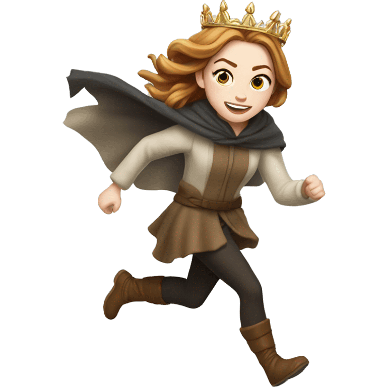 Emma Stone running, with a large stride and arms outstretched, wearing an icicle crown and winter cloak, long golden brown hair emoji