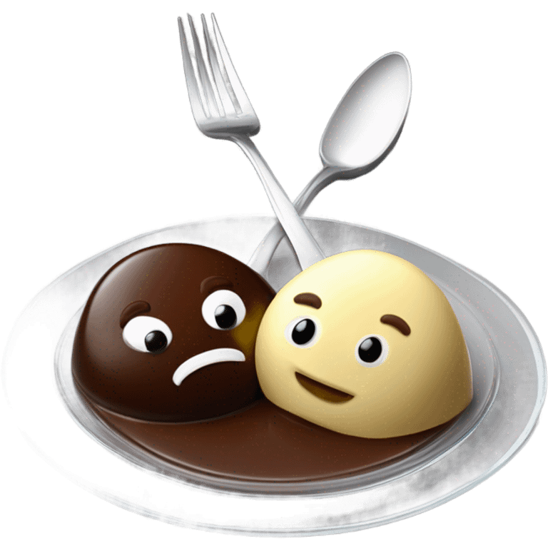 1 Chocolate quenelle and 1 vanilla quenelle on a fine dining glass plate emoji