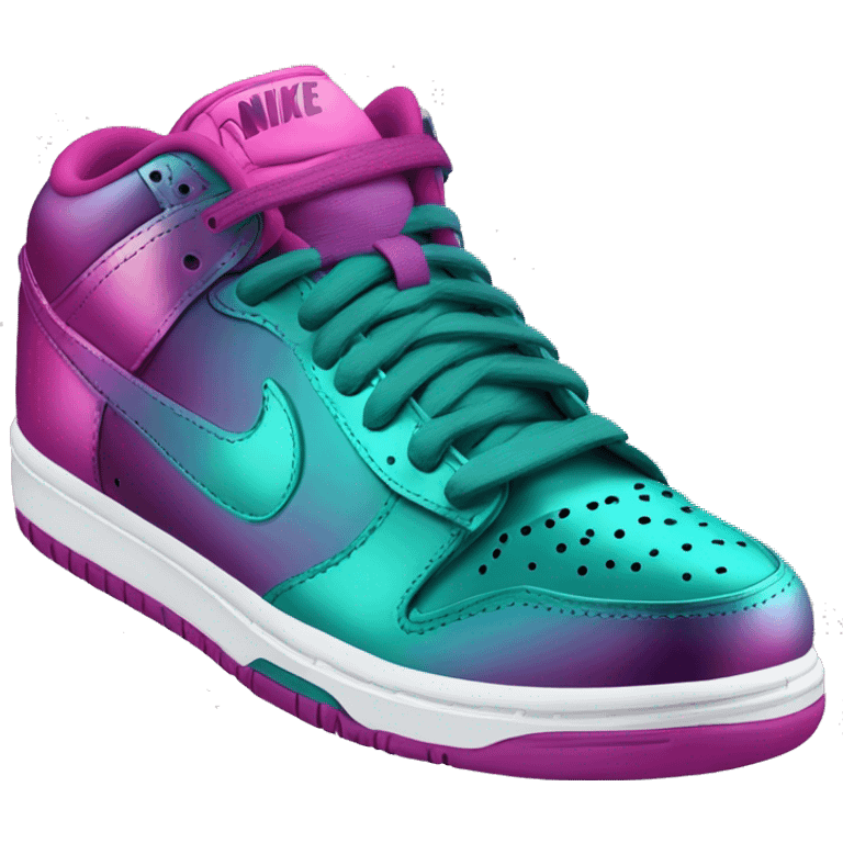 Realistic isolated top front view of a pair of metallic teal and metallic magenta ombre Nike Sneaker tennis shoes. emoji