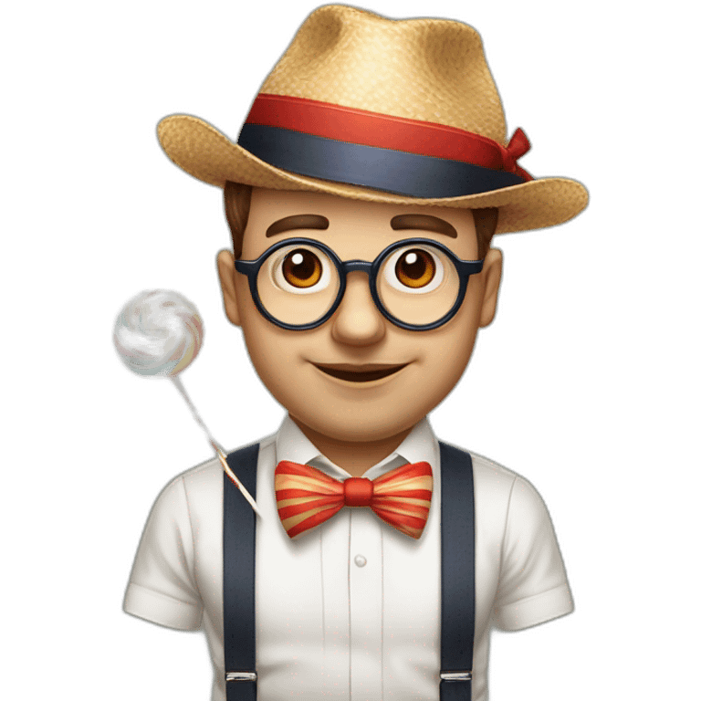 ugly big round frame glasses buckteeth week chin bowtie striped shirt suspenders holding a big lolipop with bad posture and a propeller hat portfolio manager emoji