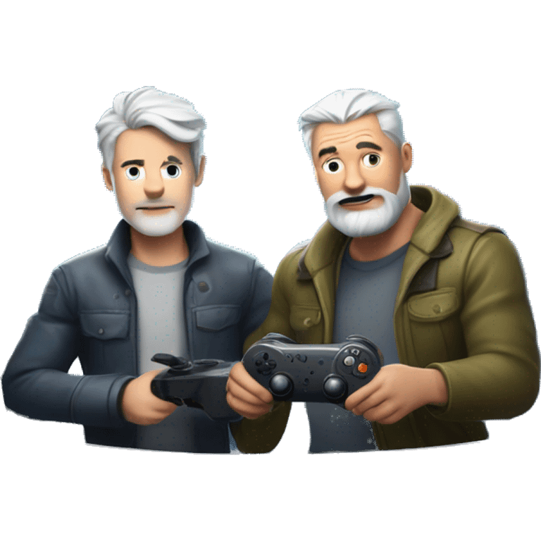 Behind a Futuristic fortnite background make a man with a pale skin person with Grey hair and facial hair in their 40s with a game controller playing a game on a TV emoji