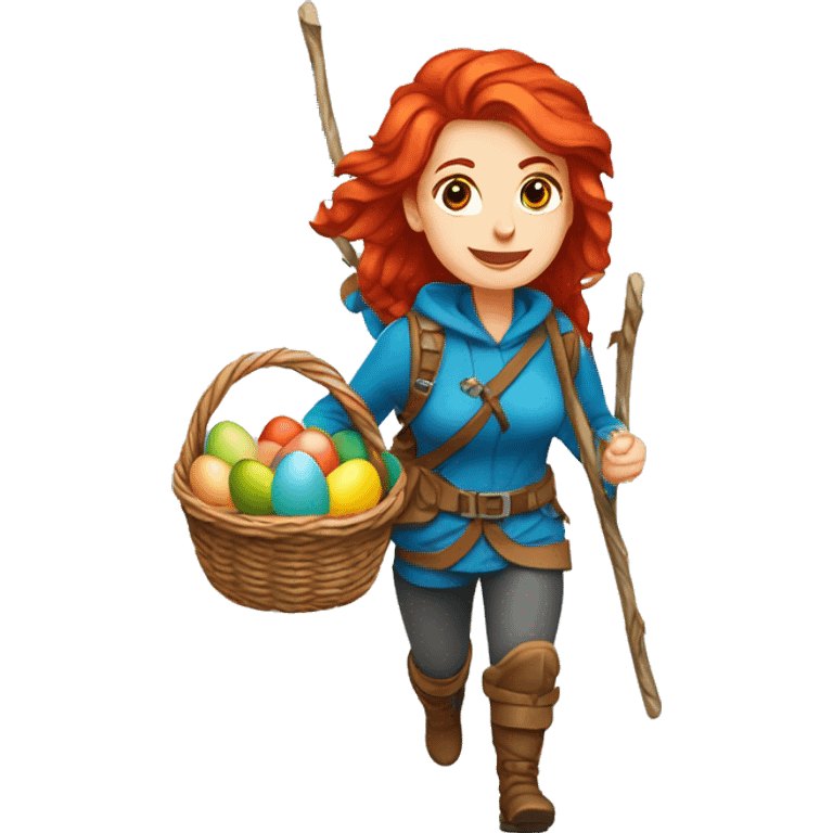 red hair female winter mountaineer climbing with Easter eggsbasket and Greek flag emoji