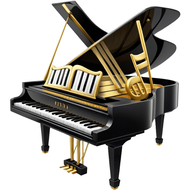 Create an elegant and festive emoji collage representing keyboard instruments, styled like a heraldic emblem. The design should feature a central focal point of black and white piano keys, arranged in a semi-circular or shield-like shape. Around the piano keys, add intertwining musical notes that form flowing ribbons, creating a dynamic and celebratory atmosphere. The design should be professional, with polished silver and gold accents on the keys and notes, highlighting the luxury and sophistication of the instruments. Add subtle shading and lighting effects to give the design a refined, 3D appearance. The background should remain transparent, and the overall feel should evoke grandeur, artistry, and a sense of celebration. emoji