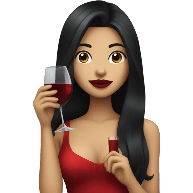 Girl with Black long hair and red lipstick drinking wine emoji