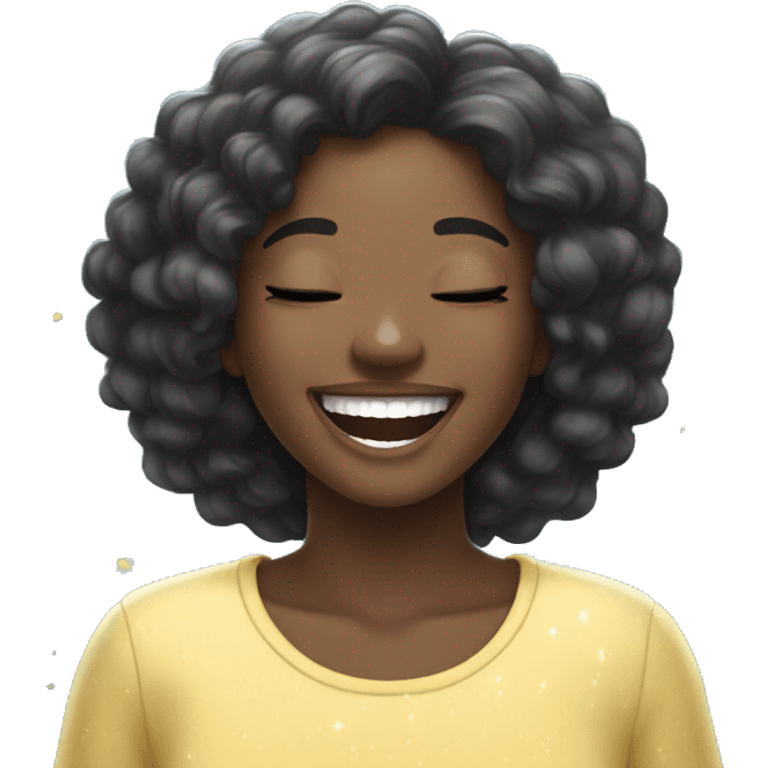 A cute, cheerful black girl laughing, straight hair, and eyes closed in joy, surrounded by light blue sparkles emoji