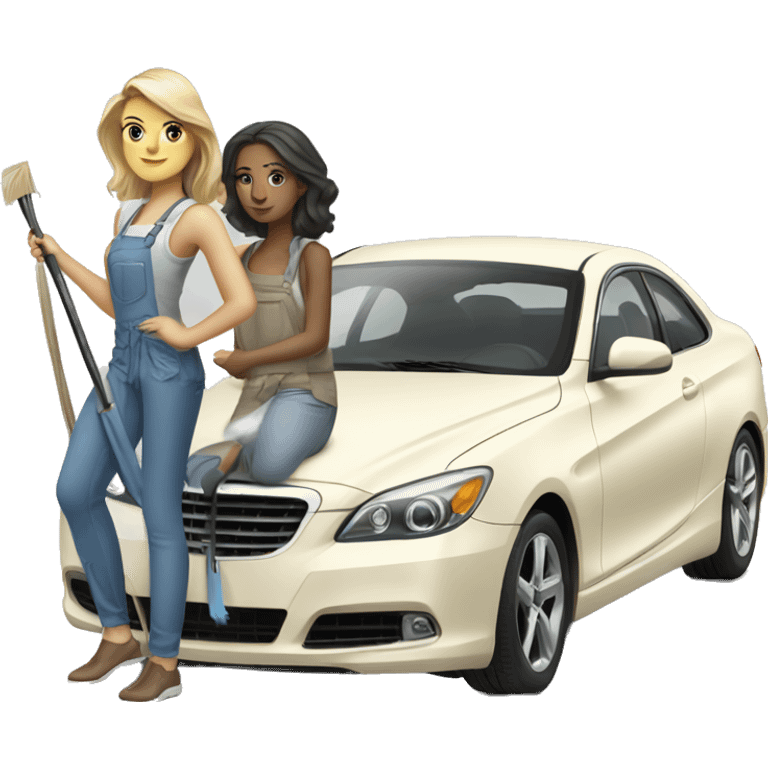 Two white tan girls cleaning a expensive car with fashion clothes  emoji