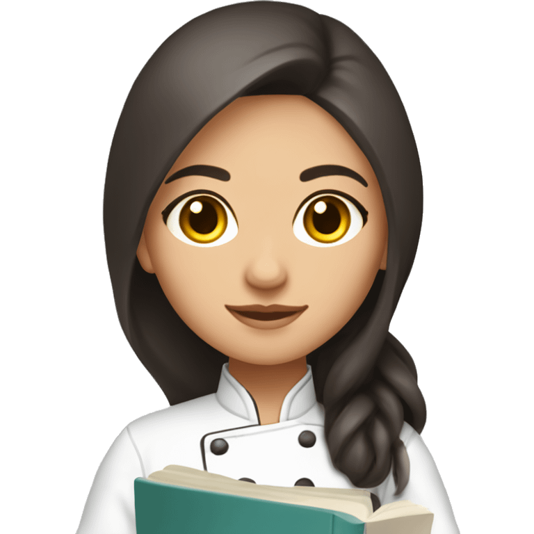 Uzbek cute female chef with cookbook and long dark brown hair and dark brown eyes emoji