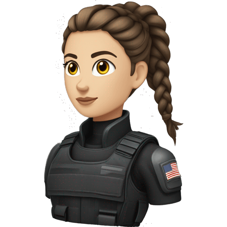 A young woman with a petite and slender build, pale, hazel eyes, and long brown hair with a silver streak, pulled back into a braid. She’s wearing black tactical battle gear. emoji