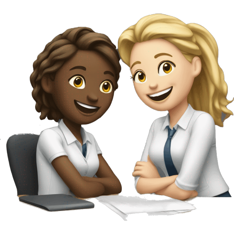 Two white girls laughing at work desk  emoji