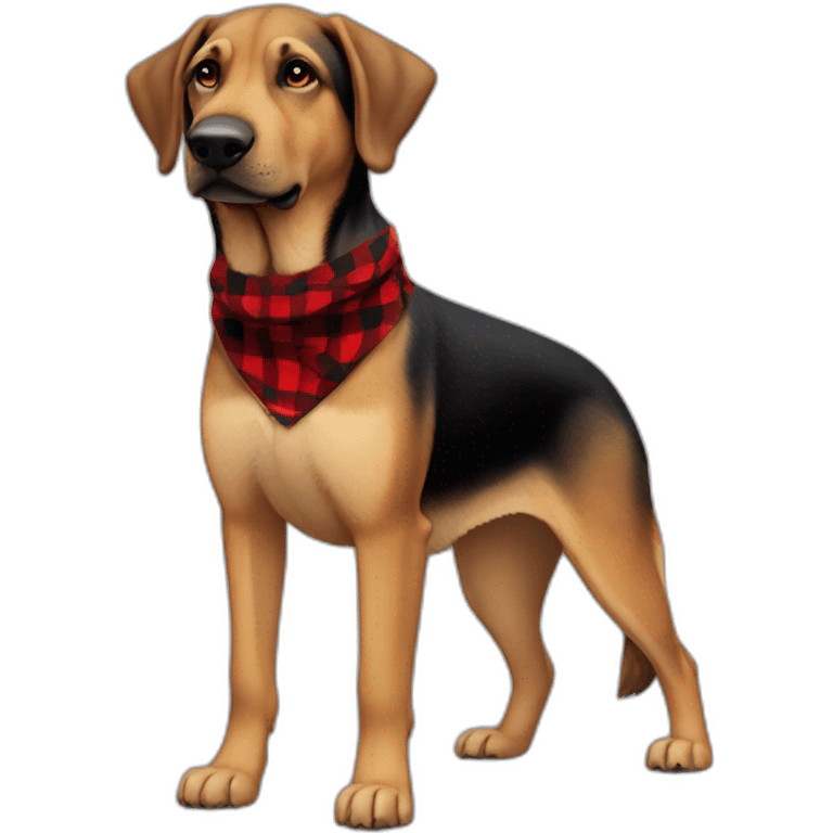 adult 75% Coonhound 25% German Shepherd mix dog with visible tail wearing small pointed red buffalo plaid bandana full body side view emoji