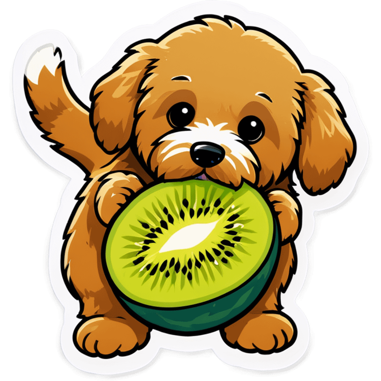 A golden doodle eating a kiwi emoji