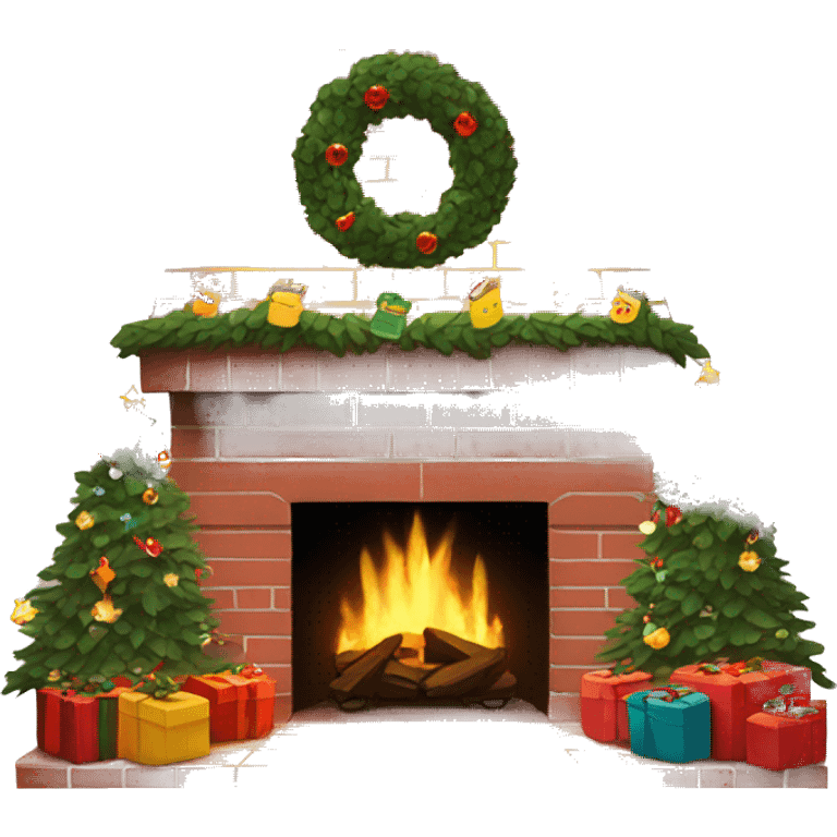 Brick Fireplace with wreath and Christmas lights and stockings emoji