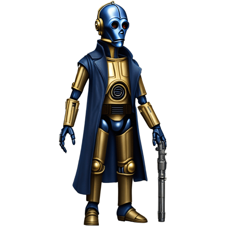 well-equipped jedi first order human-sized darkblue-pearl C3po as a friendly bounty hunter droid wearing a leather attire old west duster coat holding light saber ready to fight but relaxed. antiqued emoji