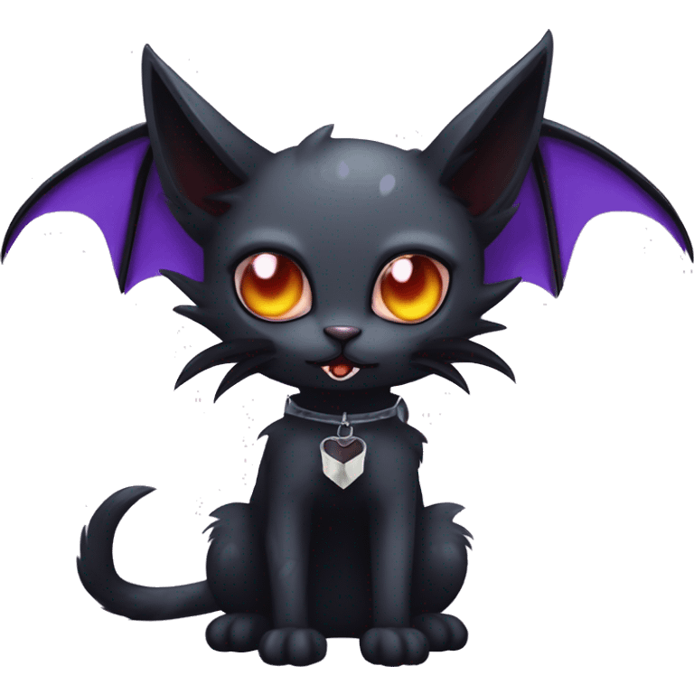  cool edgy kawaii ethereal dark-punk-themed animal vampiric cat-hybrid Fakemon with fangs and bat-wing-ears with a collar full body emoji