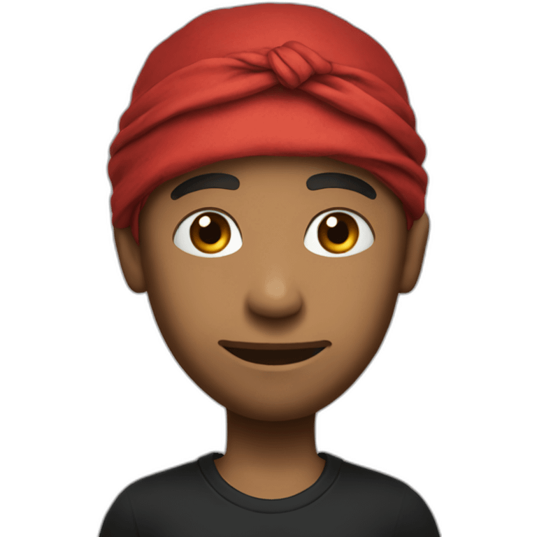 A man with tattoos in a black T-shirt and a red bandana emoji