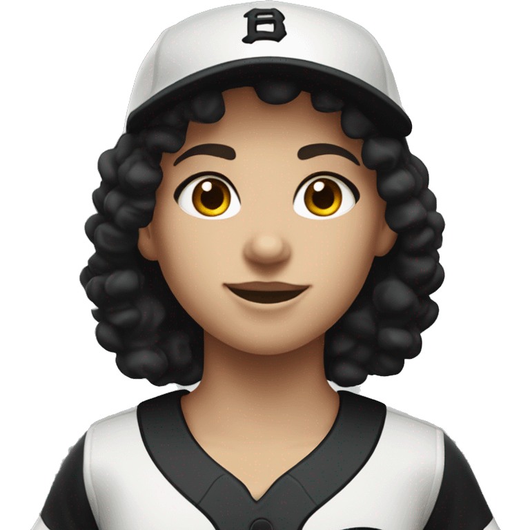 White girl with black curly hair wearing her softball uniform emoji