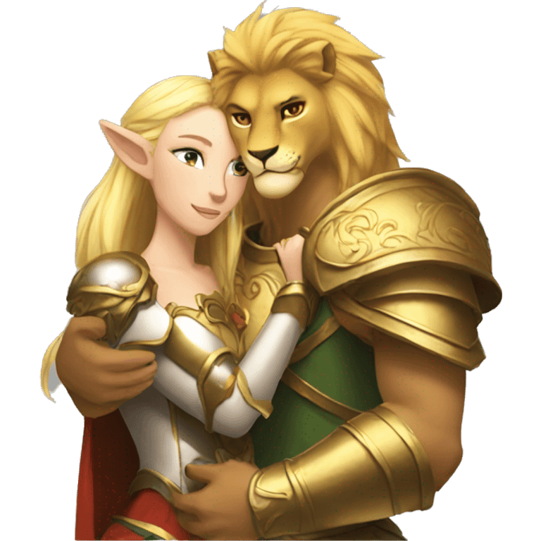 A lion leonin with golden armor hugging a female blonde elf  emoji