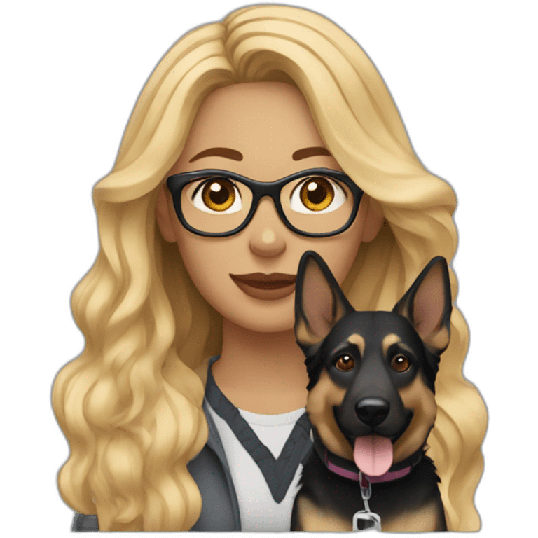 woman with wavy long blonde hair wearing glasses with german shepherd dog emoji