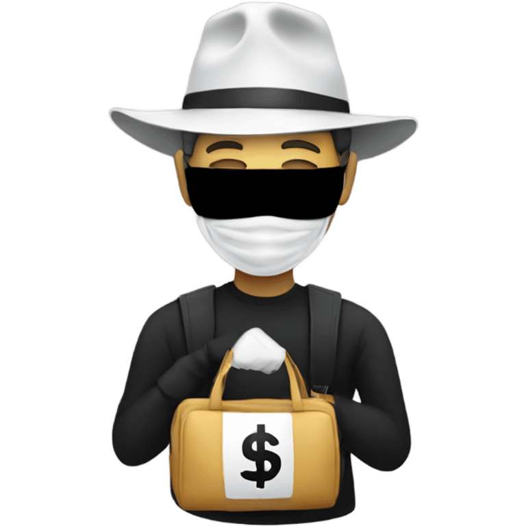 Guy in mask with black and white top and a black hat and a bag of money emoji