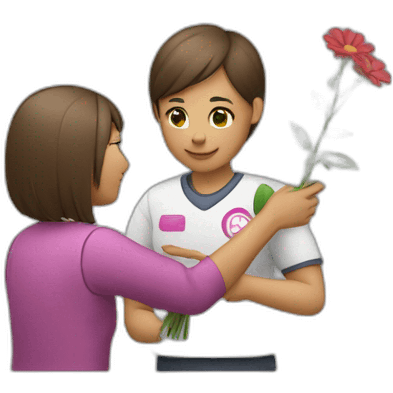 team leader giving flower to her emoji