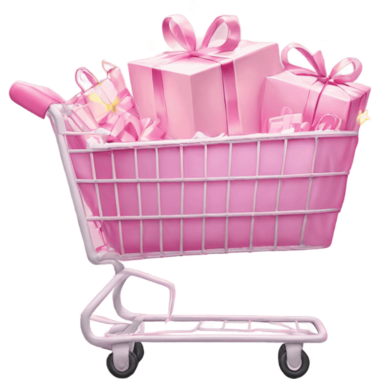 shopping cart wrapped in Christmas lights  full of light pink gift bags emoji