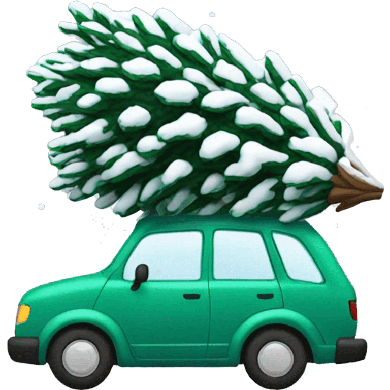 Winter car carrying a flocked Christmas tree emoji