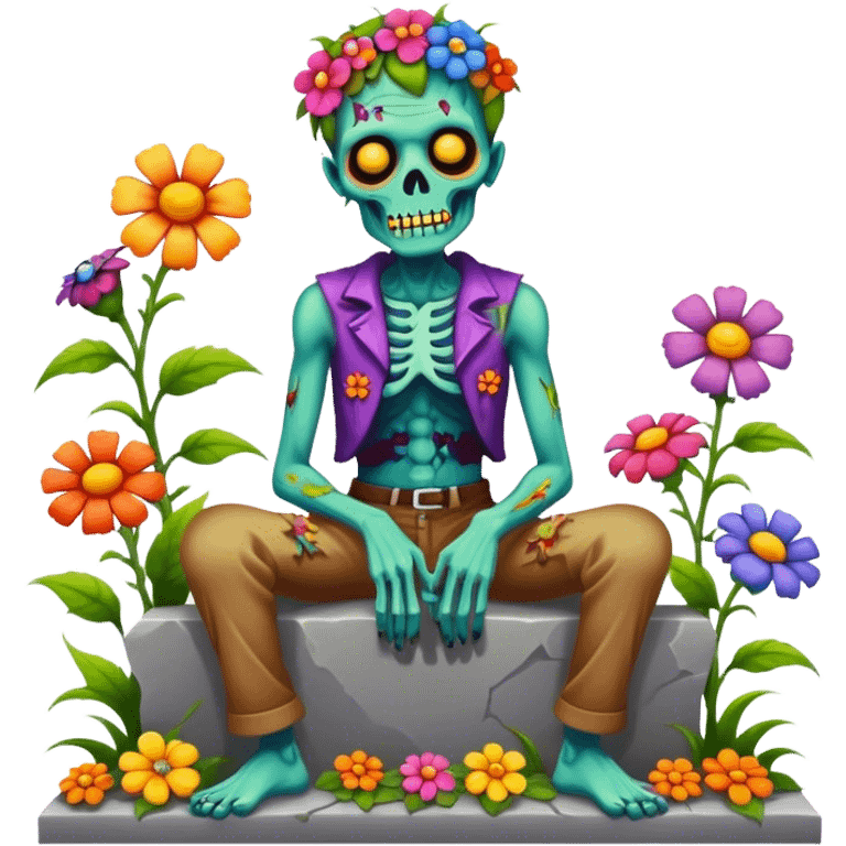 Cinematic ultra detailed 32k HD Psychedelic colored hippie style zombie with flowers sitting on a tombstone emoji