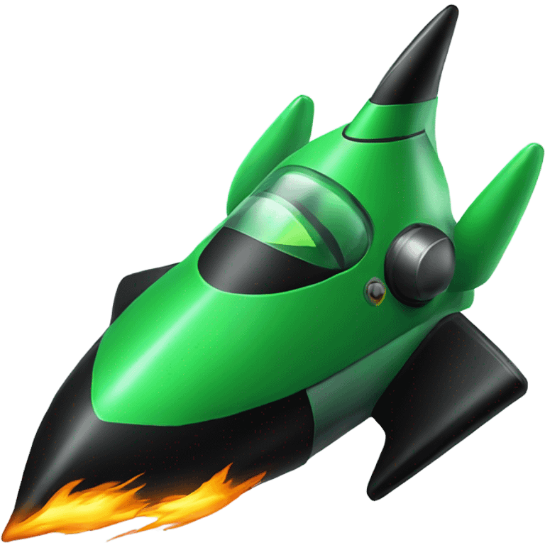 green and black rocket ship with green fire emoji